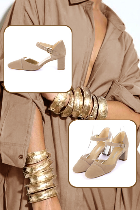 Women's tan beige elegant closed-back heels, with an instep strap. Round toe. Medium block heels - Top view